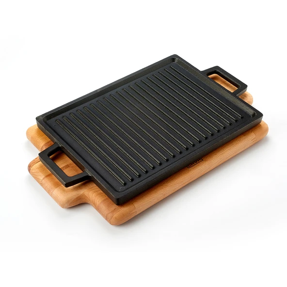 Lava Döküm Dikdörtgen Çift Yön Izgara Hot Plate Döküm Demir Yekpare Çift Kulplu Kayın Servis Ahşabı Ölçü 22x30cm. ürün görseli