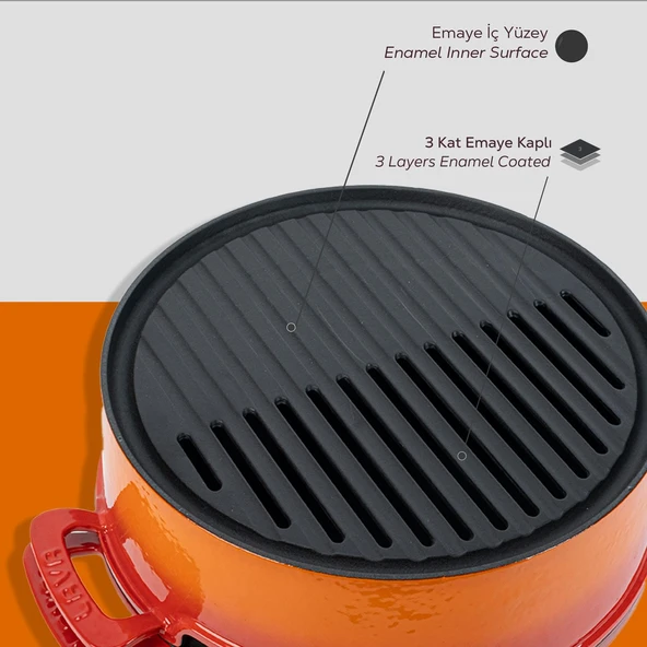 Lava Döküm Yuvarlak Mangal Izgara Set Döküm Demir Yekpare Çift Kulplu Çap (Ø)36cm. Turuncu - 7