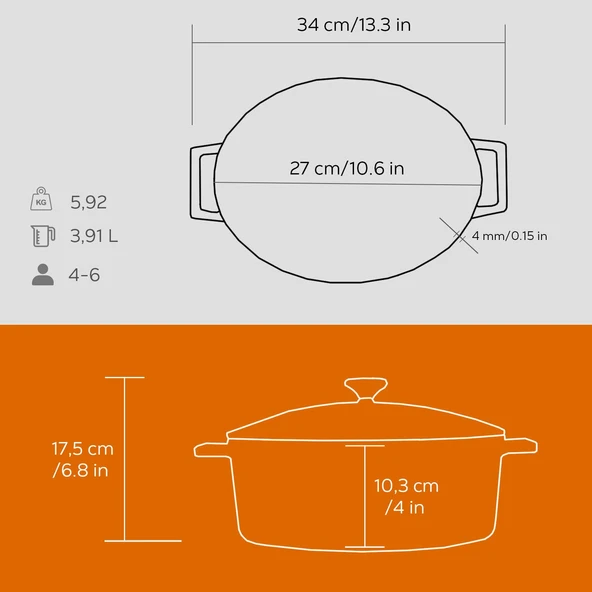 Lava Döküm Oval Tencere. Folk Serisi Ölçü 21x27cm.  Turuncu - Resim 5