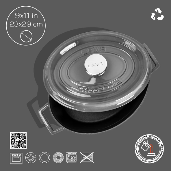 Lava Döküm Oval Tencere Döküm Demir Yekpare Kulplu Premium Serisi Ölçü 23x29cm.  Gri - Resim 4