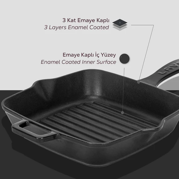 Lava Döküm Kare Izgara Tava Döküm Demir Yekpare Saplı Ölçü 20x20cm.  Siyah - Resim 6