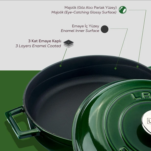Lava Döküm Çok Amaçlı Yayvan Tencere Döküm Demir Kubbe Form Kapak Premium Serisi Çap(Ø)28cm.  Yeşil - Resim 6