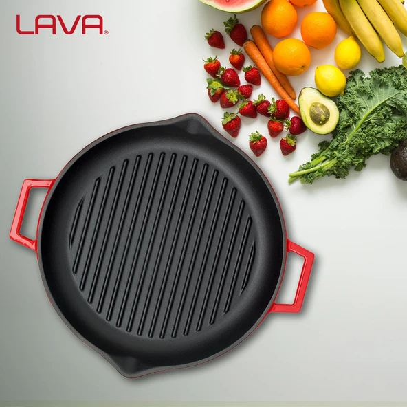 Lava Döküm Yuvarlak Izgara Tavası Döküm Demir Yekpare Çift Kulplu Çap(Ø)30cm.  Kırmızı - Resim 7