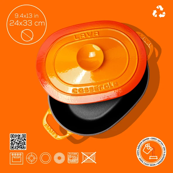 Lava Döküm Oval Tencere Döküm Demir Kapak Experience Serisi Ölçü 24x33cm.  Turuncu - Resim 4