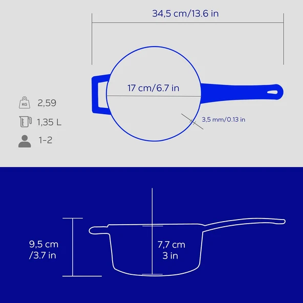 Lava Döküm Yuvarlak Sos Tenceresi Döküm Demir Yekpare Saplı Premium Serisi Çap(Ø)16cm.  Mavi - 6