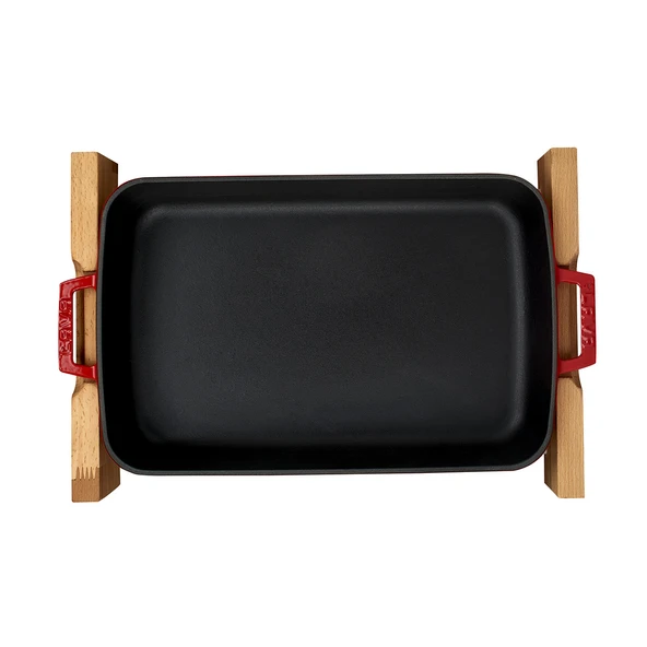 Lava Döküm Dikdörtgen Rosto ve Fırın Tepsisi Kayın Servis Ahşabı Döküm Demir Yekpare Çift Kulplu Ölçü 22x30cm.  Kırmızı - 2