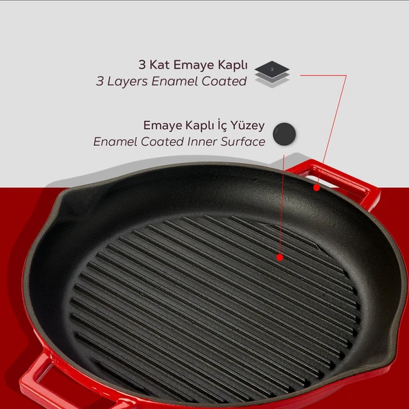 Lava Döküm Yuvarlak Izgara Tavası Döküm Demir Yekpare Çift Kulplu Çap(Ø)30cm.  Kırmızı - Resim 6