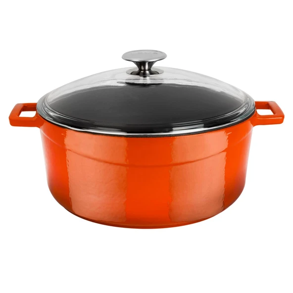 Lava Döküm Yuvarlak Tencere Cam kapaklı. Glaze Çap(Ø)28cm.  Turuncu