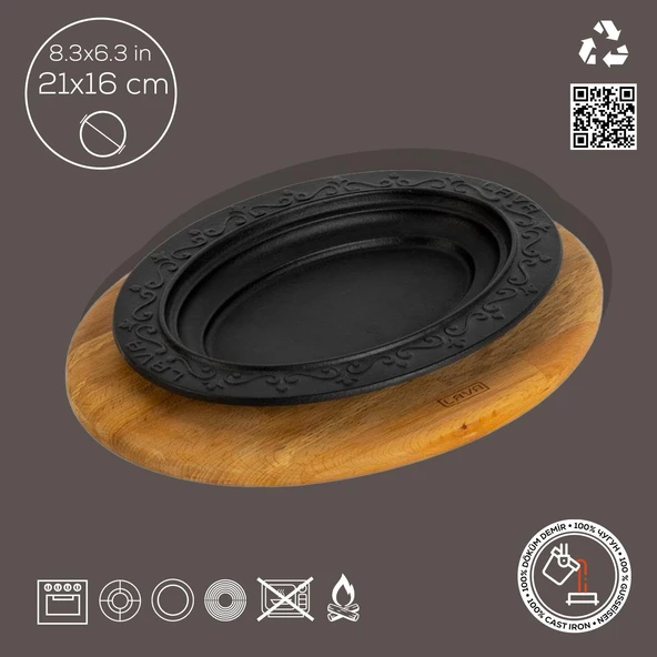 Lava Döküm Oval Döner, Kebap Tabağı, ahşap altlıklı. Ölçü 21x16cm. - Resim 4