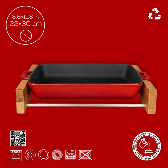 Lava Döküm Dikdörtgen Rosto ve Fırın Tepsisi Kayın Servis Ahşabı Döküm Demir Yekpare Çift Kulplu Ölçü 22x30cm.  Kırmızı - 4