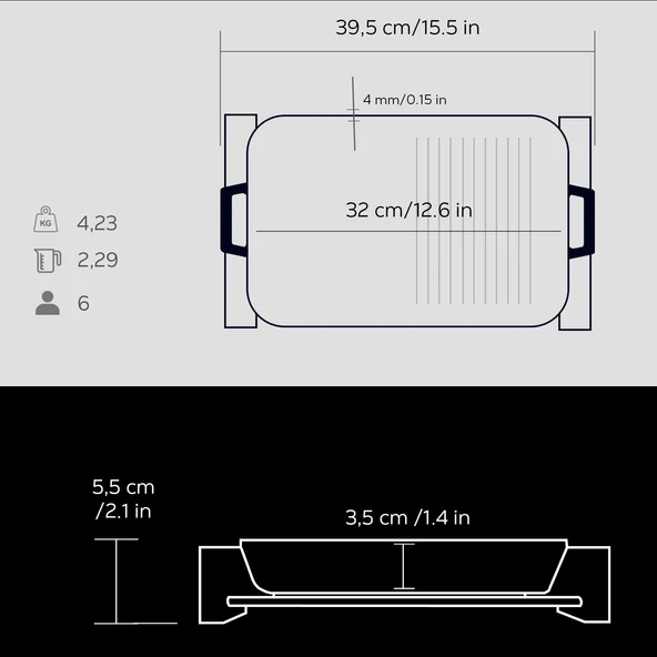 Lava Döküm Dikdörtgen Hibrit Izgara Tavası Kayın Servis Ahşabı Döküm Demir Yekpare Çift Kulplu Ölçü 26x32cm. - Resim 5
