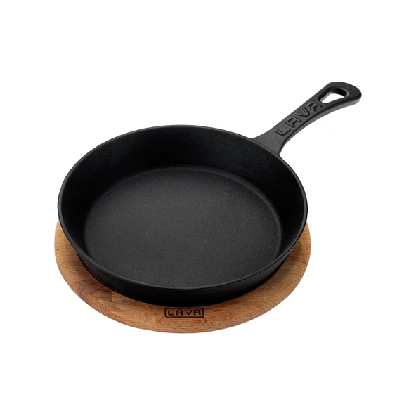 Lava Döküm Yuvarlak Kızartma Tavası Yekpare Saplı Kayın Servis Ahşabı. Çap(Ø)20cm - 2