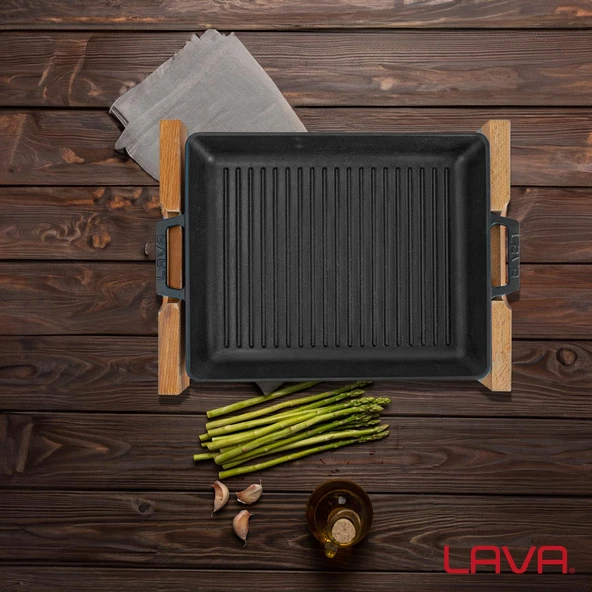 Lava Döküm Dikdörtgen Hibrit Izgara Tavası Kayın Servis Ahşabı Döküm Demir Yekpare Çift Kulplu Ölçü 26x32cm. - Resim 7