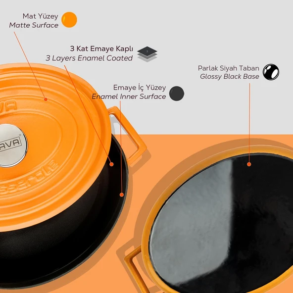 Lava Döküm Oval Tencere Döküm Demir Yekpare Kulplu Spring Serisi Ölçü 23x29cm.  Turuncu - Resim 6