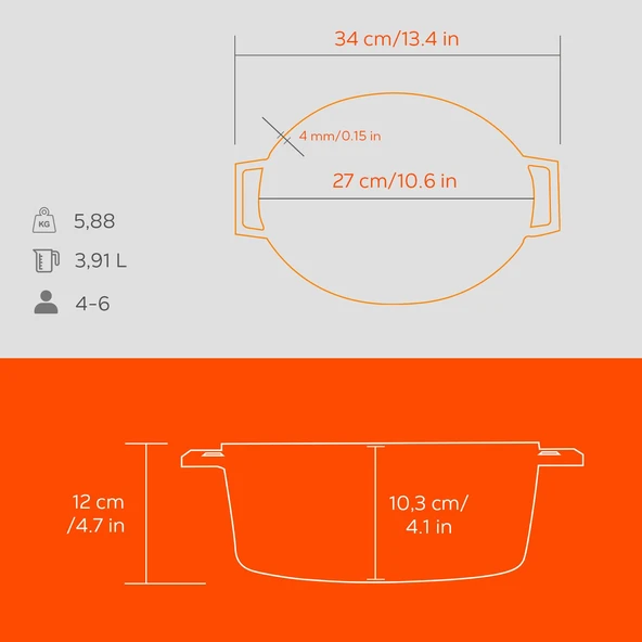 Lava Döküm Oval Tencere Döküm Demir Yekpare Kulplu Spring Serisi Ölçü 21x27cm.  Turuncu - Resim 5