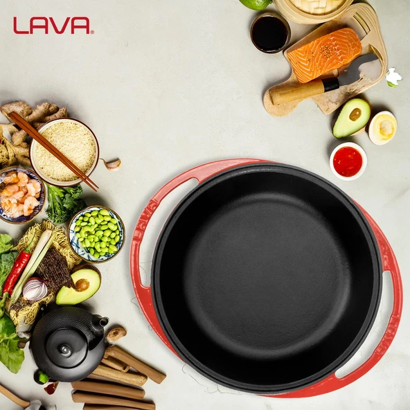 Lava Döküm Yuvarlak Derin Kızartma Tavası Döküm Demir Yekpare Çift Kulplu Çap(Ø)27cm. Kırmızı - 7