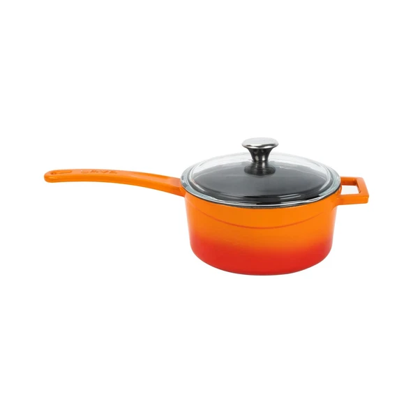 Lava Döküm Yuvarlak Sos Tenceresi Cam kapaklı, Metal Saplı. Glaze Serisi Çap(Ø16 cm.  Turuncu ürün görseli