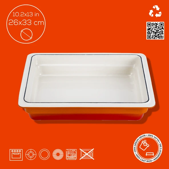 Lava Döküm Dikdörtgen 1/2 Gastronomi Küvet Ölçü 26x33cm.  Turuncu - Resim 4