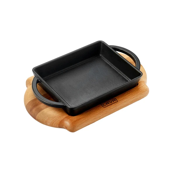 Lava Döküm Dikdörtgen Sahan Döküm Demir Yekpare Çift Kulplu Kayın Servis Ahşabı Ölçü 12x15cm. - 2