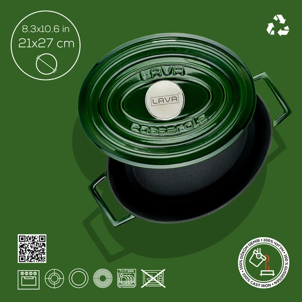 Lava Döküm Oval Tencere Döküm Demir Yekpare Kulplu Premium Serisi Ölçü 21x27cm.  Yeşil - Resim 4