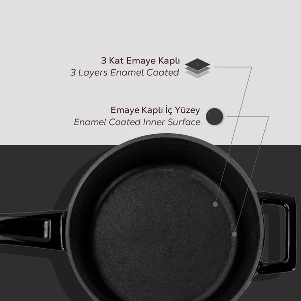 Lava Döküm Yuvarlak Sos Tenceresi Cam kapaklı, Metal Saplı. Glaze Serisi Çap(Ø16 cm.  Siyah - Resim 6