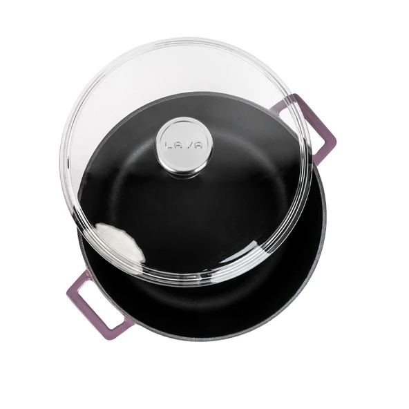 Lava Döküm Yuvarlak Tencere Cam kapaklı. Glaze Çap(Ø)28cm.  Mor - Resim 3