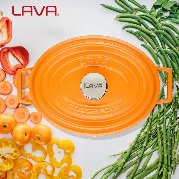 Lava Döküm Oval Tencere Döküm Demir Yekpare Kulplu Spring Serisi Ölçü 23x29cm.  Turuncu - Resim 7