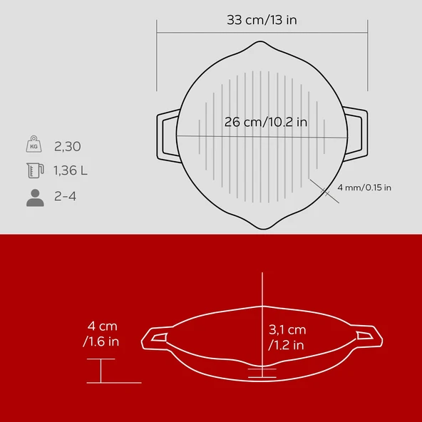 Lava Döküm Yuvarlak Izgara Tavası Döküm Demir Yekpare Çift Kulplu Çap(Ø)26cm.  Kırmızı - Resim 5