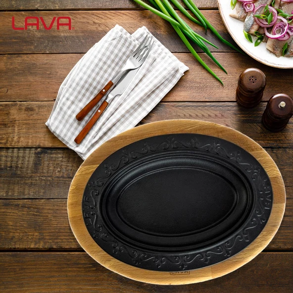 Lava Döküm Oval Döner, Kebap Tabağı, ahşap altlıklı. Ölçü 21x16cm. - Resim 7