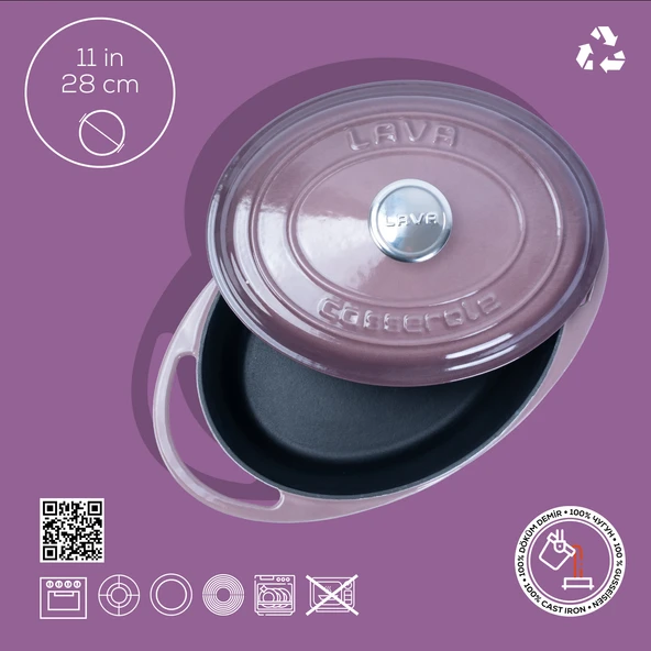 Lava Döküm Oval Tencere Döküm Demir Kapak Heritage Serisi Ölçü 22x28cm.  Mor - Resim 5