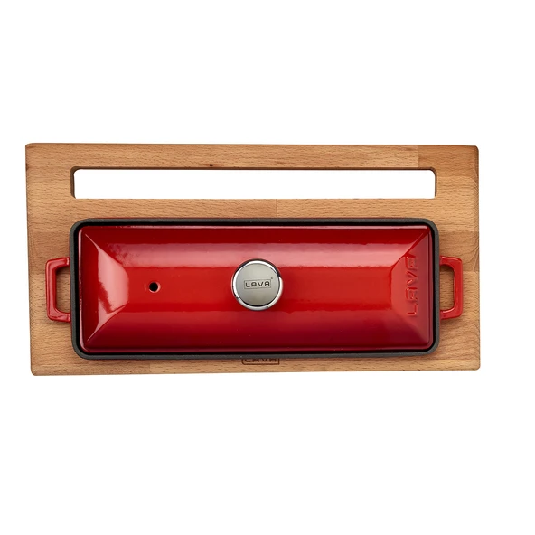 Lava Döküm Ekmek Tenceresi / Kayın Ağacı Servis Standı / Terrine Serisi. Ölçü 11x29cm.  Kırmızı - Resim 3