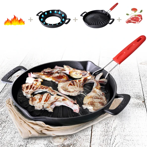 Lava Döküm Yuvarlak Grill Izgara Tavası Genghis Khan Serisi Çift Kulp ve Silikon Tel Saplı Çap(Ø)32cm. - Resim 7