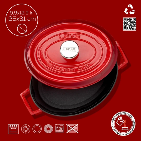 Lava Döküm Oval Tencere. Trendy Serisi Ölçü 25x31cm.  Kırmızı - Resim 4