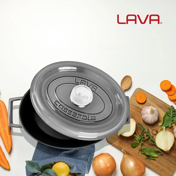 Lava Döküm Oval Tencere Döküm Demir Yekpare Kulplu Premium Serisi Ölçü 21x27cm.  Gri - Resim 7