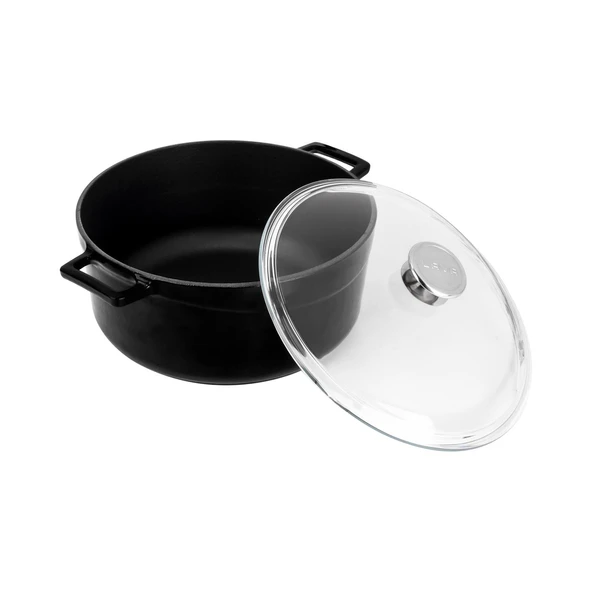 Lava Döküm Yuvarlak Tencere Cam kapaklı. Glaze Çap(Ø)28cm.  Siyah - Resim 2