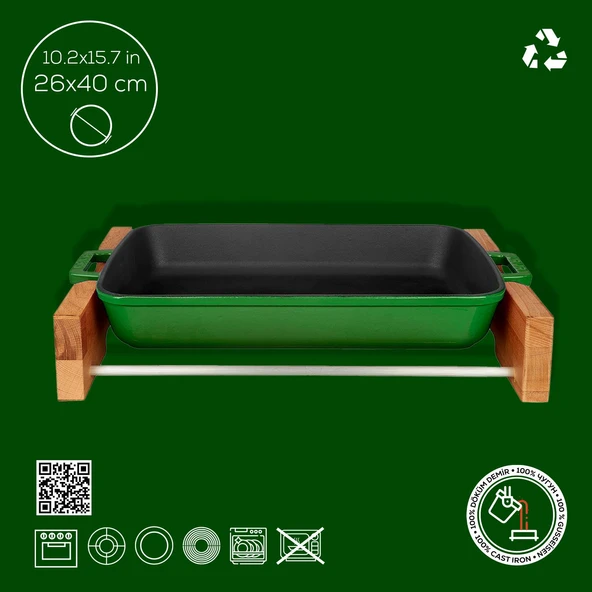 Lava Döküm Dikdörtgen Rosto ve Fırın Tepsisi Kayın Servis Ahşabı Döküm Demir Yekpare Çift Kulplu Ölçü 26x40cm.  Yeşil - 3