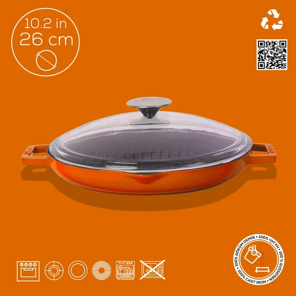 Lava Döküm Yuvarlak Izgara Tavası Cam Kapaklı Döküm Demir Yekpare Çift Kulplu Çap(Ø)26cm.  Turuncu - Resim 2