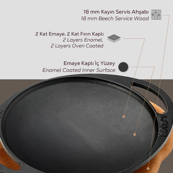 Lava Döküm Yuvarlak Saç Kavurma Tavası Döküm Demir Yekpare Çift Kulplu Kayın Servis Ahşabı Çap(Ø)20cm. - Resim 5
