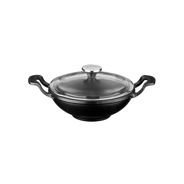 Lava Döküm Mini Wok Yekpare Kulplu Cam Kapaklı Çap(Ø)16cm.  Siyah