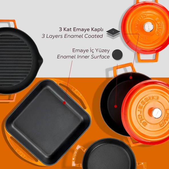 LAVA Döküm Beyaz Ahşap Sandık Hediyeli Çeyiz Seti  Turuncu - Resim 5