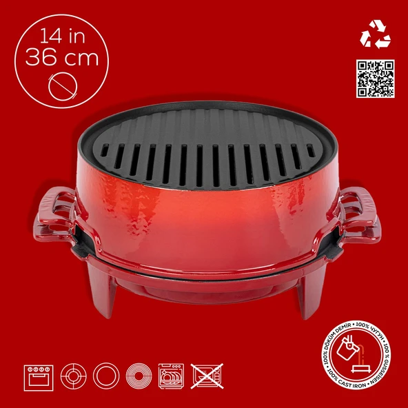 Lava Döküm Yuvarlak Mangal Izgara Set Döküm Demir Yekpare Çift Kulplu Çap (Ø)36cm. Kırmızı - 5