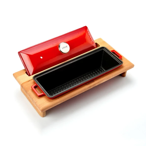 Lava Döküm Ekmek Tenceresi / Kayın Ağacı Servis Standı / Terrine Serisi. Ölçü 11x29cm.  Kırmızı - Resim 2