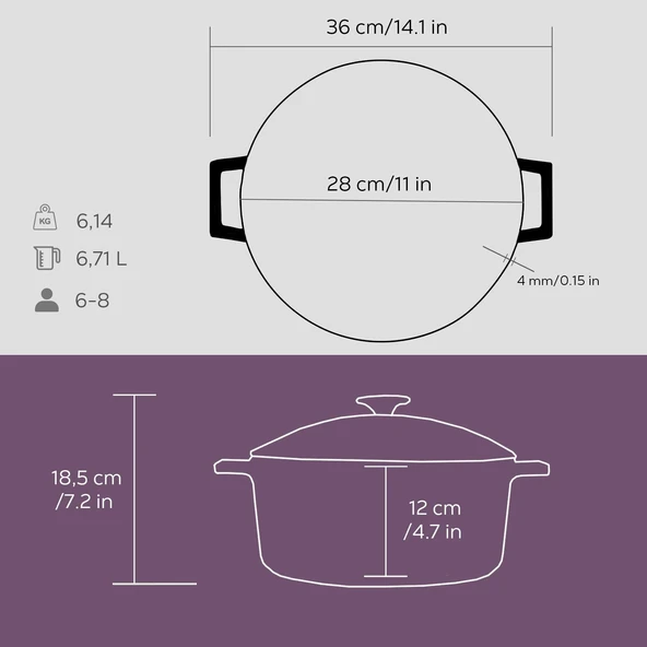 Lava Döküm Yuvarlak Tencere Cam kapaklı. Glaze Çap(Ø)28cm.  Mor - Resim 5