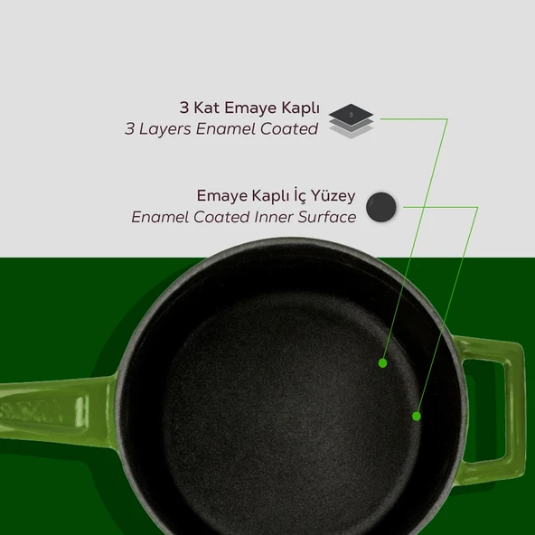 Lava Döküm Yuvarlak Sos Tenceresi Cam kapaklı, Metal Saplı. Glaze Serisi Çap(Ø16 cm.  Yeşil - Resim 6