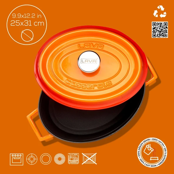 Lava Döküm Oval Tencere. Trendy Serisi Ölçü 25x31cm.  Turuncu - Resim 4