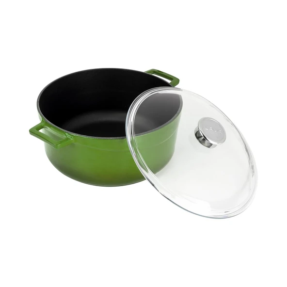 Lava Döküm Yuvarlak Tencere Cam kapaklı. Glaze Çap(Ø)28cm.  Yeşil - 2