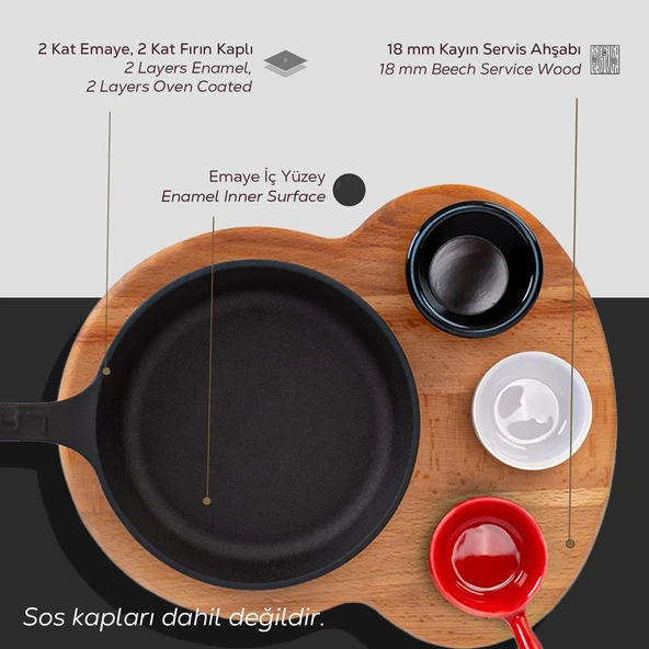 Lava Döküm Yuvarlak Kızartma Tavası Yekpare Saplı Kayın Ahşap Altlık. Çap(Ø)16cm. (Bu ürüne sos kapları dahil değildir) - Resim 4
