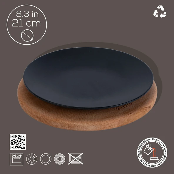 Lava Döküm Yuvarlak Servis Tabağı ve Kayın Servis Ahşabı. Çap(Ø)21cm. - 2