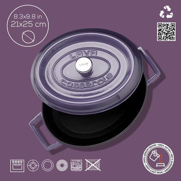 Lava Döküm Oval Tencere. Trendy Serisi Ölçü 21x25cm.  Mor - Resim 4