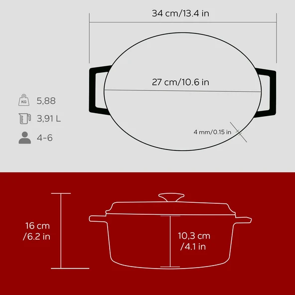 Lava Döküm Oval Tencere. Trendy Serisi Ölçü 21x27cm.  Kırmızı - Resim 5